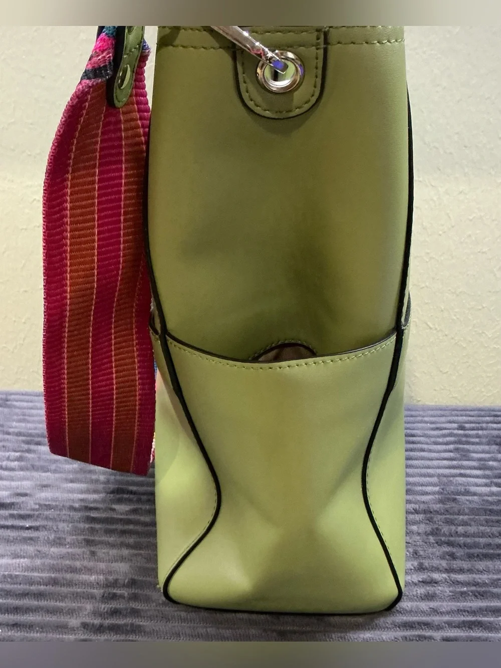 NWOT Bromen Vegan Leather Hobo Bucket Bag  Purse Green Multi Color Guitar Strap